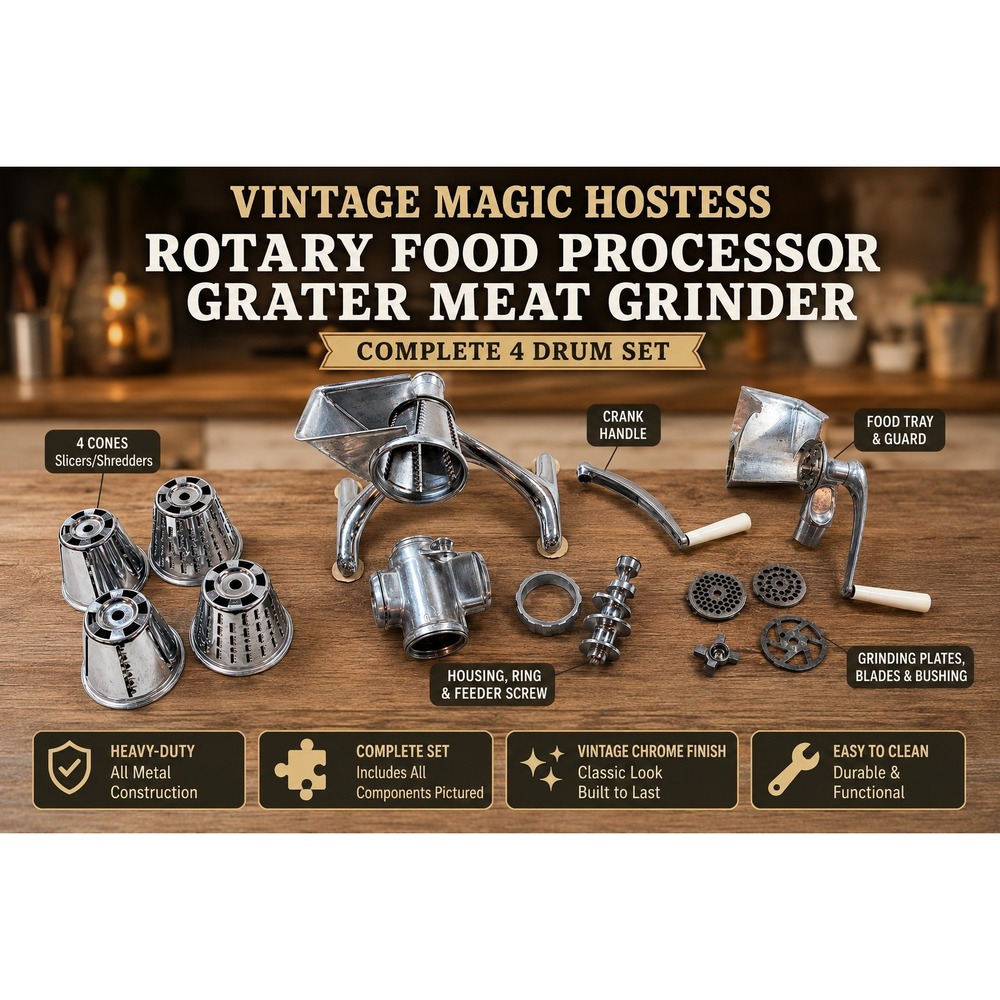 Vintage Magic Hostess Rotary Grater Meat Grinder 4‎ Drum Complete Set